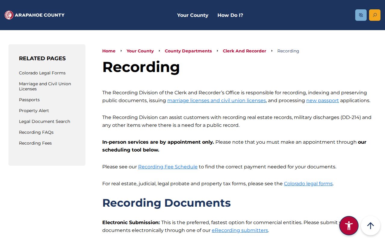 Arapahoe County Clerk of Court distinction from Recording Division records