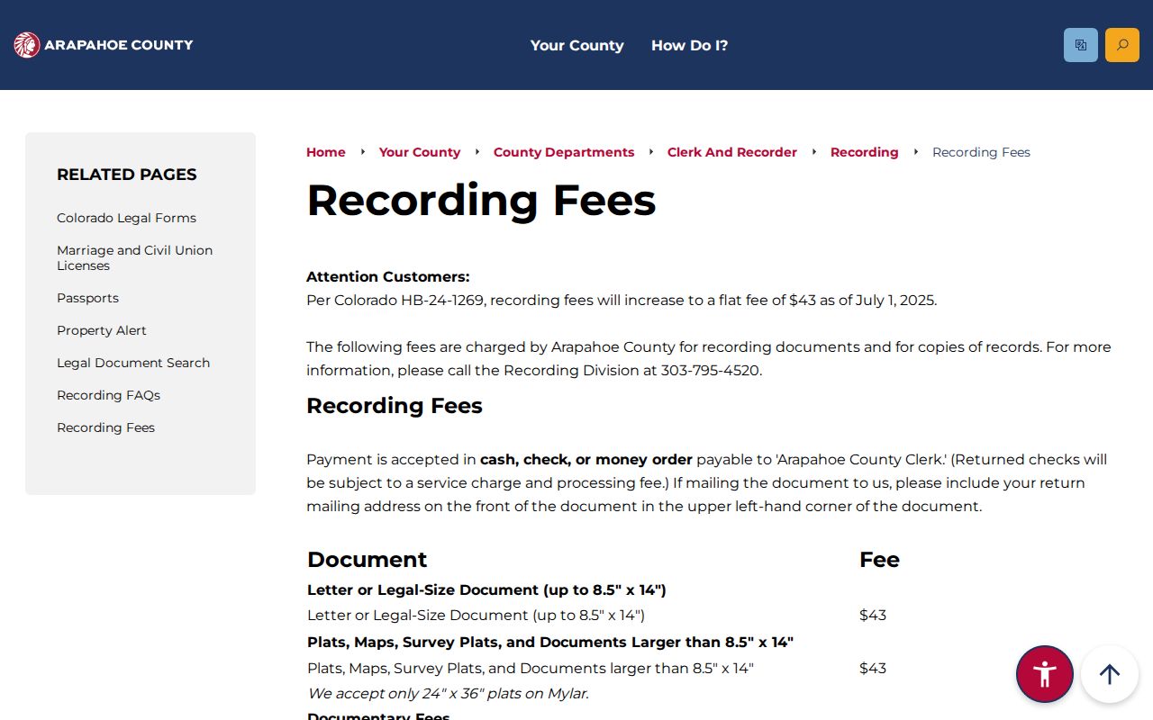 Arapahoe County Clerk of Court records and recording fees page