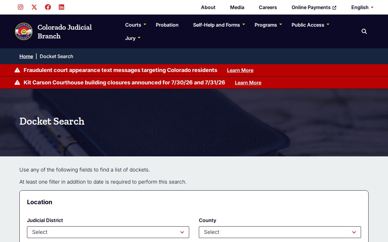 Arapahoe County court dockets search fields on Colorado Judicial Branch