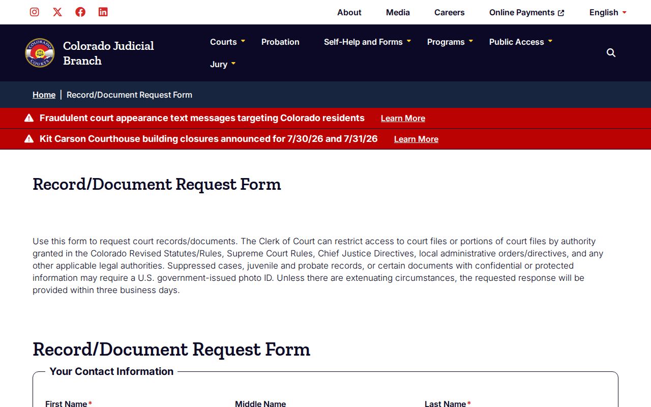 Arapahoe County court records document request form