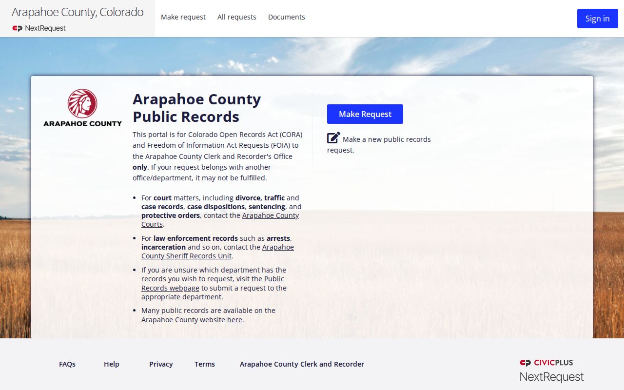 Arapahoe County criminal court records Clerk and Recorder portal scope