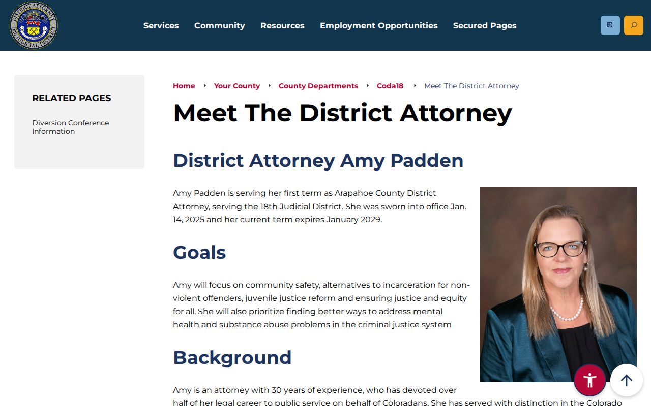 Arapahoe County District Court criminal records and District Attorney Amy Padden page