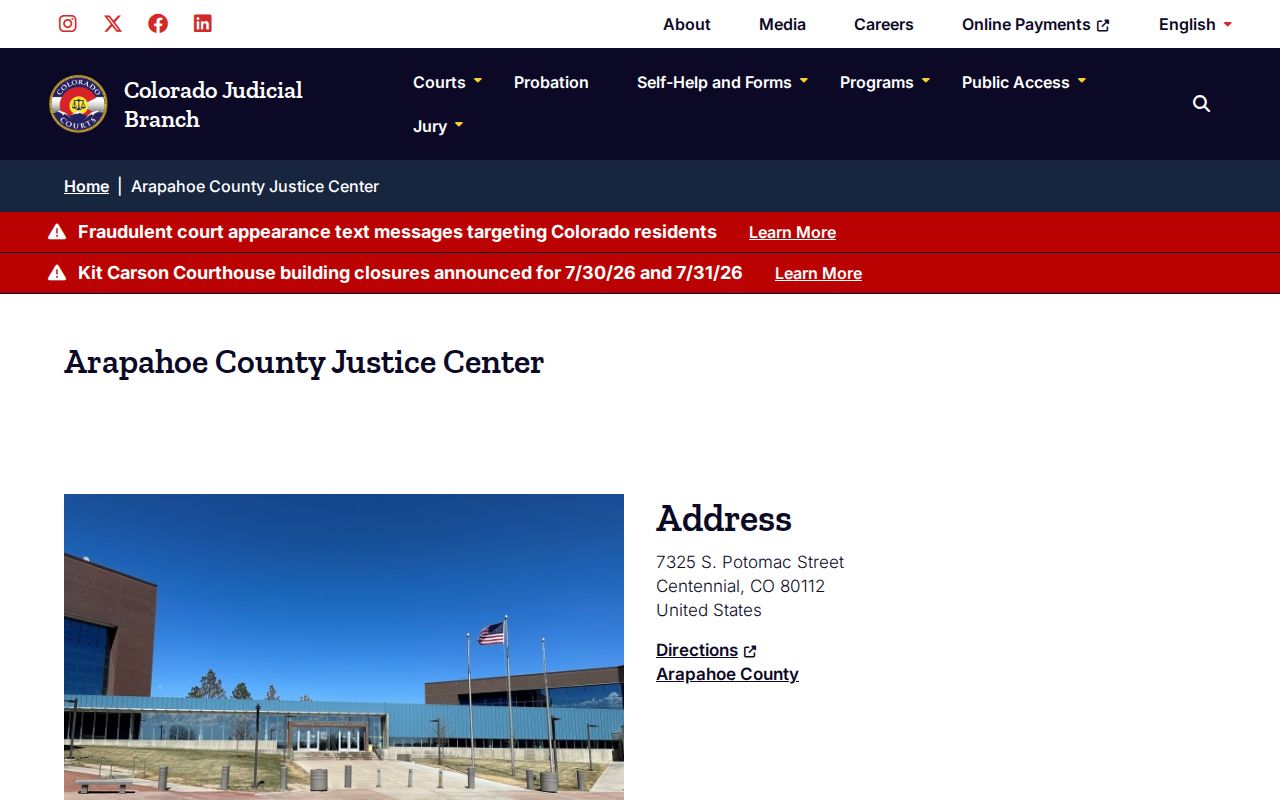 Arapahoe County court records Justice Center location page