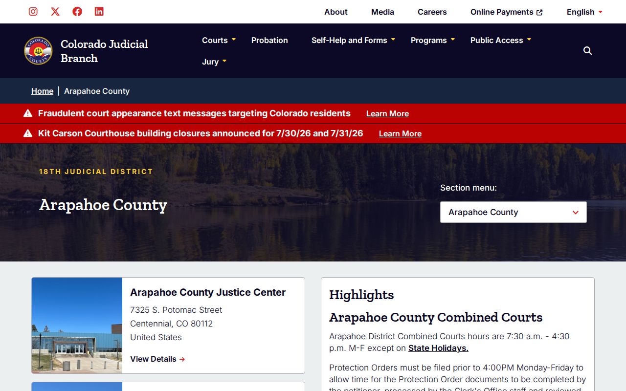 Arapahoe County court records Judicial Branch page