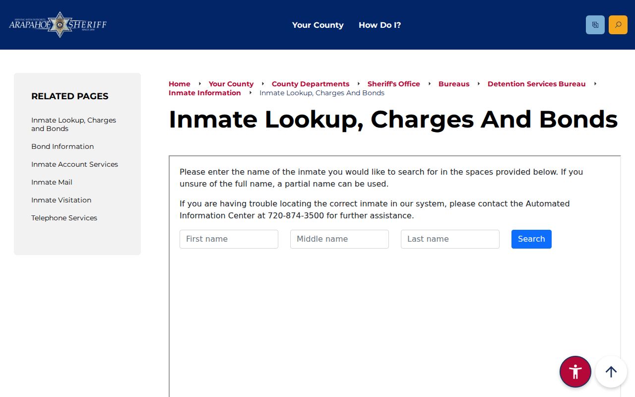 Arapahoe County inmate records charges and bonds lookup page