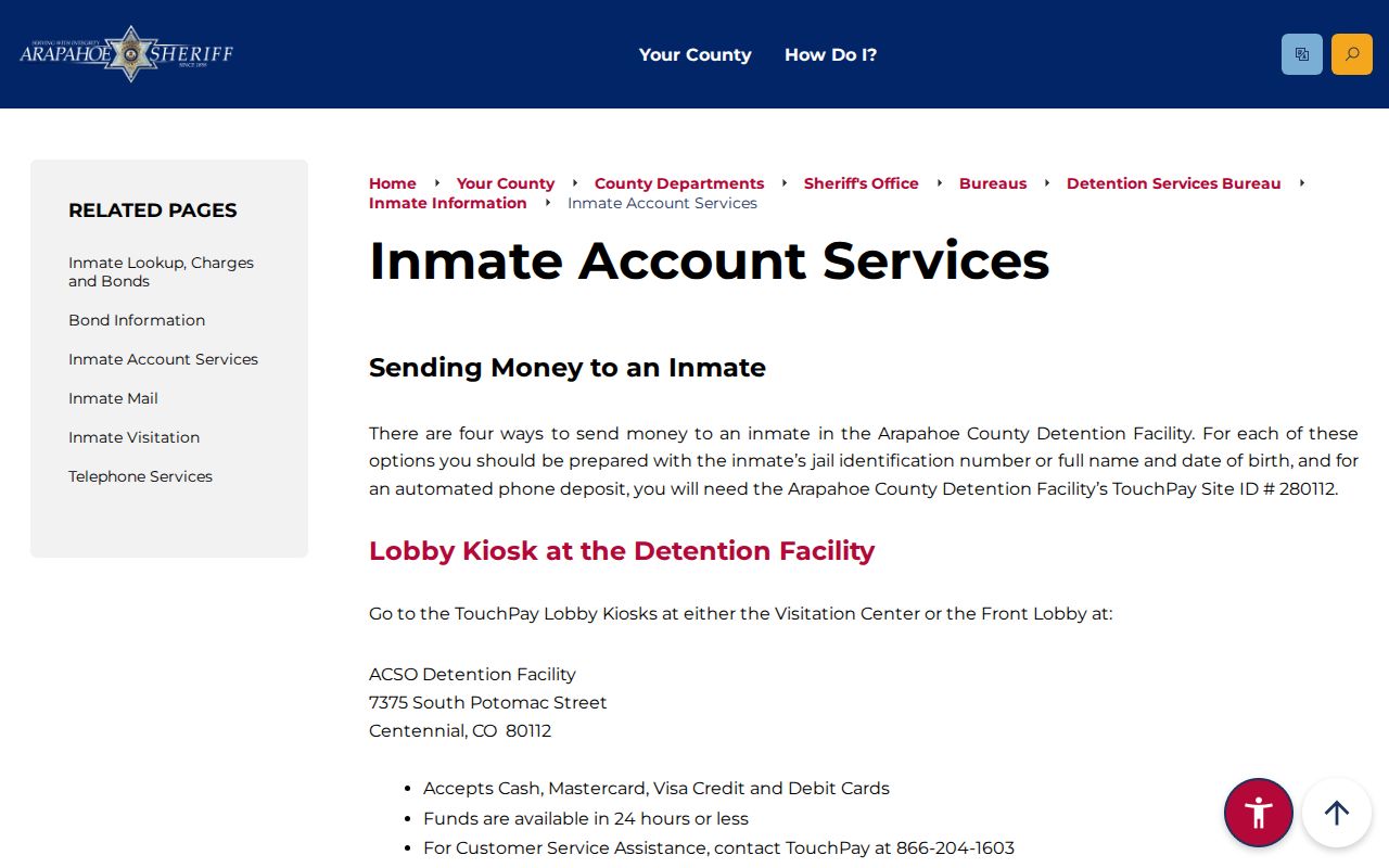 Arapahoe County inmate records TouchPay inmate account services page
