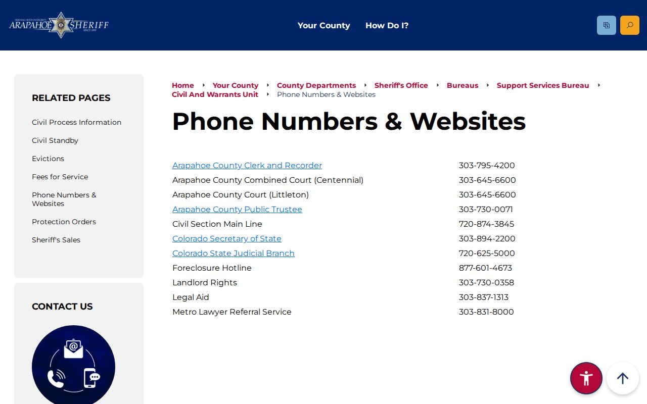 Arapahoe County probate records and civil warrants contact page