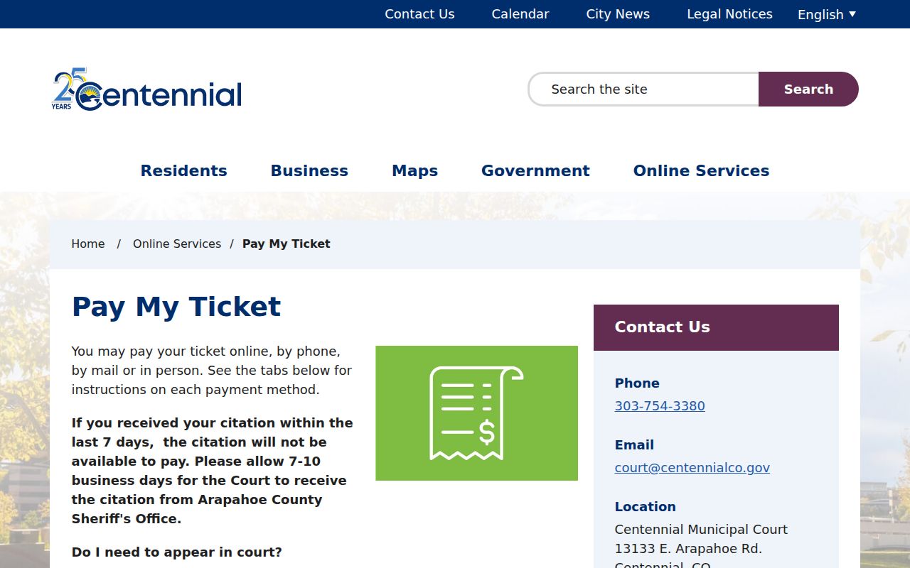Arapahoe County traffic court records Centennial ticket payment page