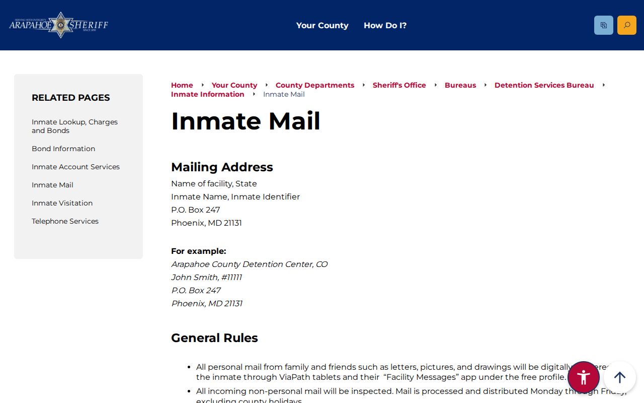 Arapahoe County warrant records inmate mail information