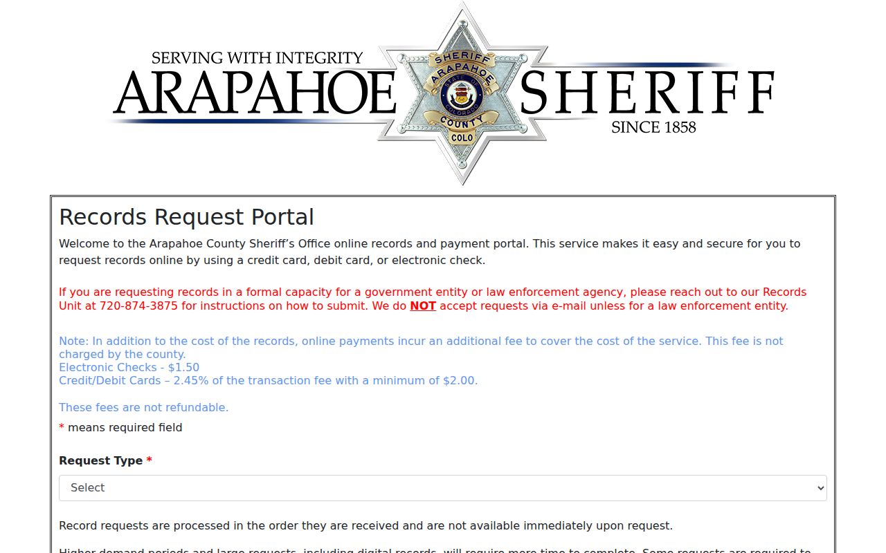 Arapahoe County warrant records sheriff records request portal