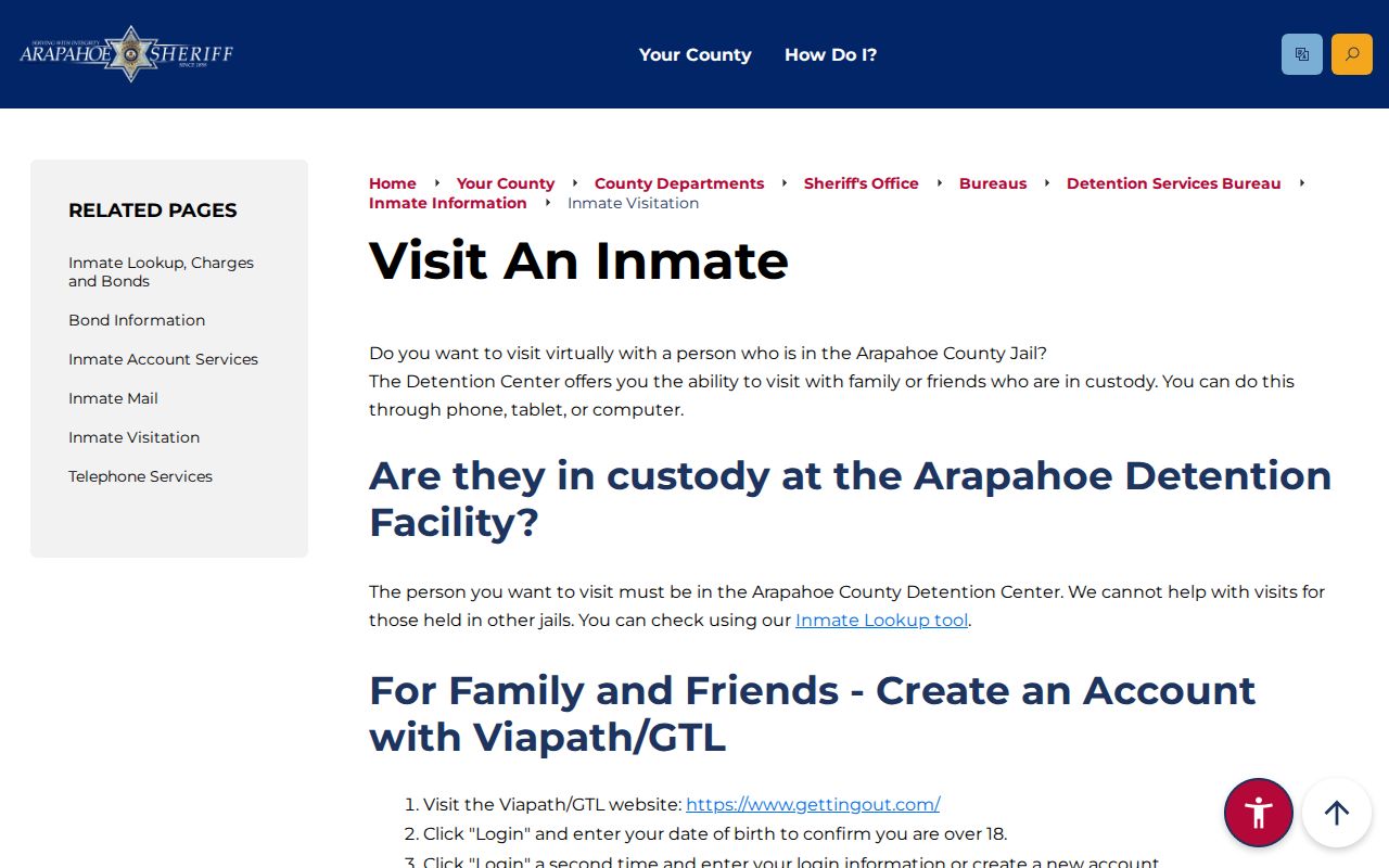 Arapahoe County warrant records jail visitation channel after booking